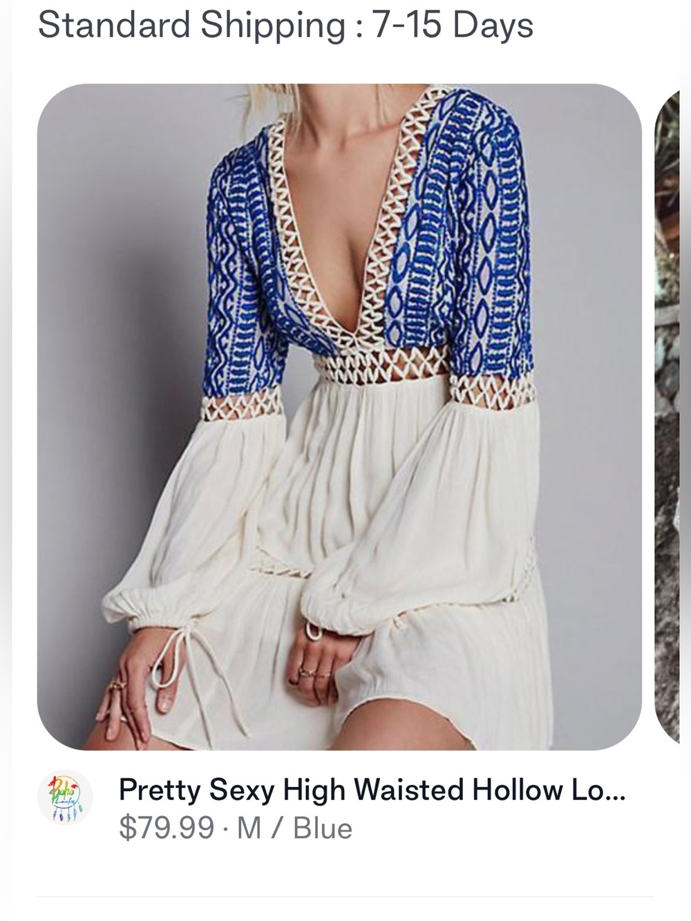 White & Blue V-Neck Crochet-Trim Swim Cover-Up